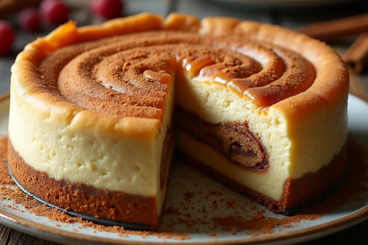 Cinnamon Roll Cheesecake with a creamy swirl and golden cinnamon topping, showcasing layers of cheesecake and cinnamon rolls.