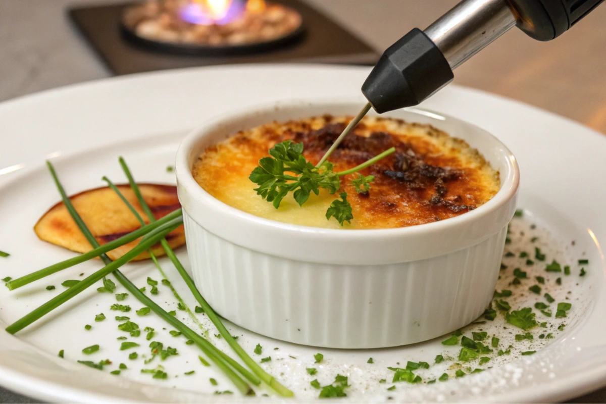 Close-up of a finished crab brulee dish with a golden caramelized sugar crust, surrounded by a light salad and side dish, served on an elegant plat