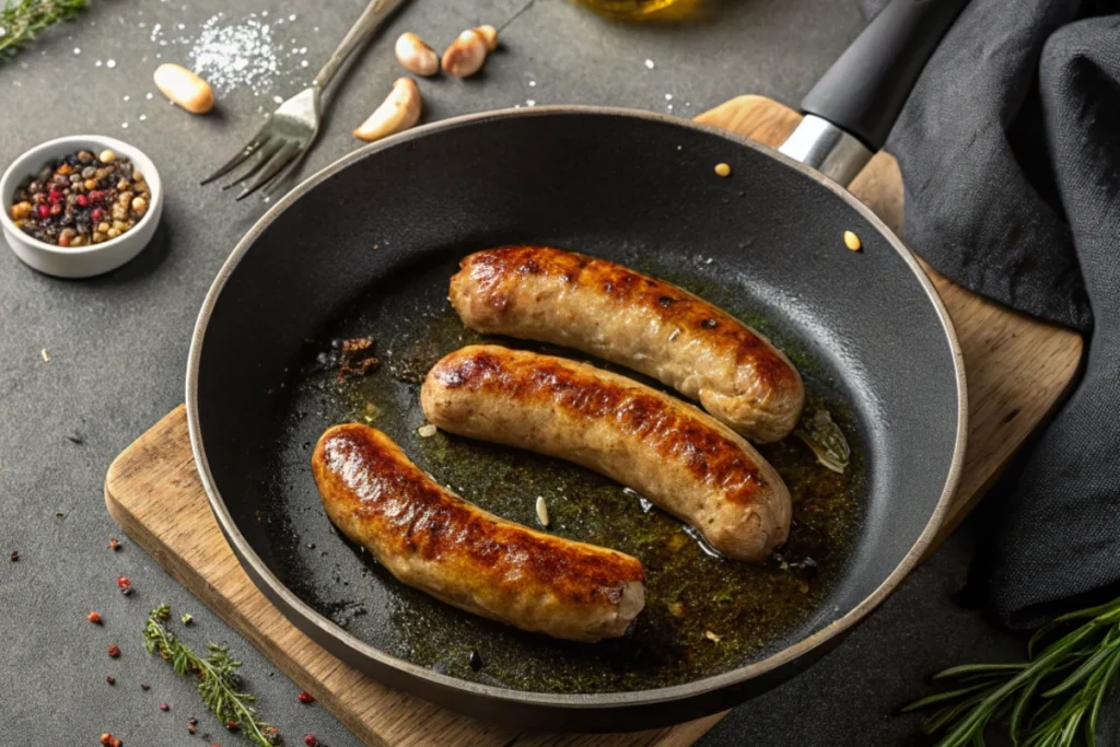 An overhead view of a kitchen counter with a non-stick frying pan sizzling beef sausages. The sausages are golden-brown, cooked over medium heat with a small amount of oil,