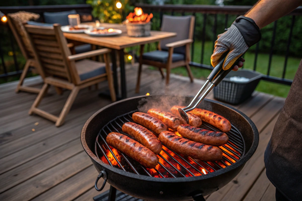 A backyard grilling scene with beef sausages on a charcoal grill. The sausages are perfectly seared with grill marks, surrounded by glowing embers