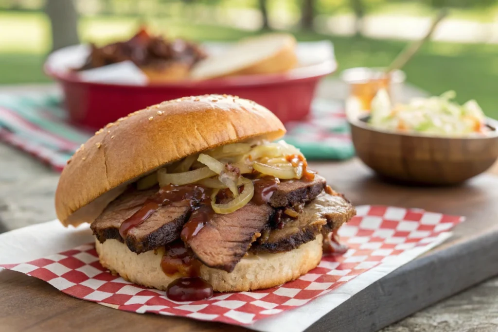 A close-up of a traditional Texas-style brisket sandwich, showcasing juicy brisket slices with a light barbecue glaze, served on a brioche bun