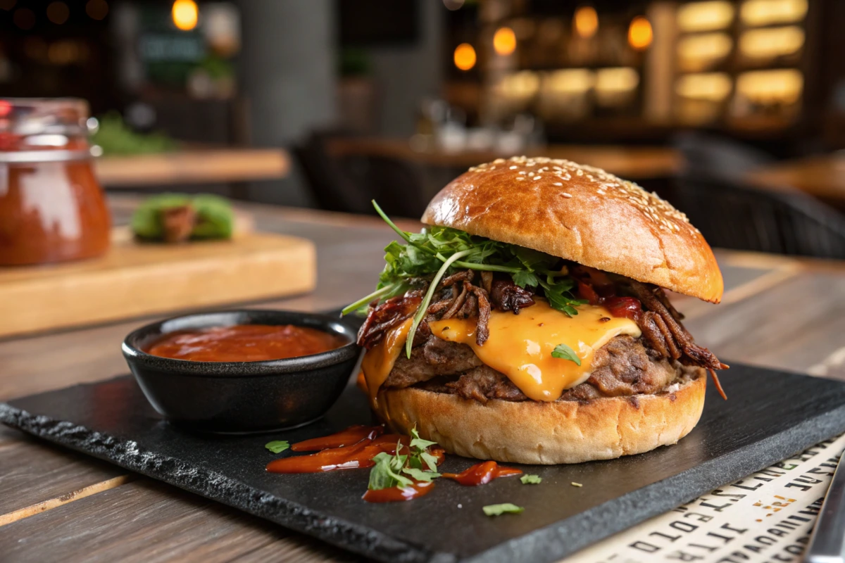 A step-by-step preparation of a beef brisket sandwich: marinated brisket being smoked on a grill, freshly baked buns sliced open, and toppings like pickles and coleslaw being added artistically