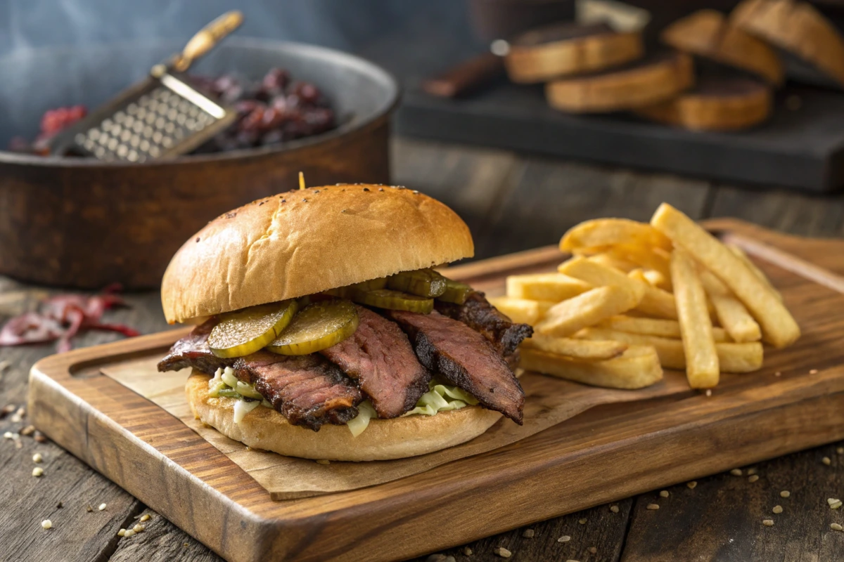 An overhead view of a gourmet brisket sandwich platter. The sandwich includes shredded brisket, creamy coleslaw, and jalapeños on a ciabatta roll.