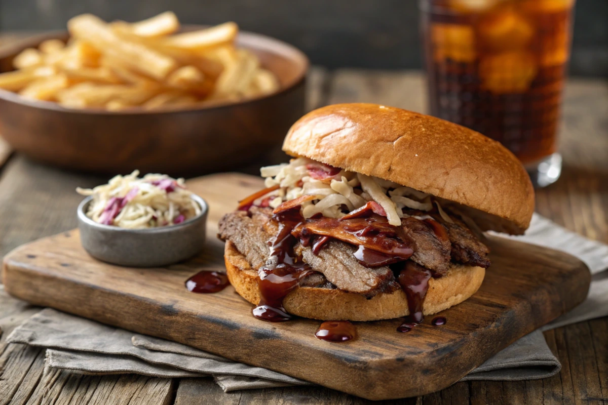 A perfectly cooked beef brisket sandwich on a rustic wooden table, showcasing tender slices of brisket,