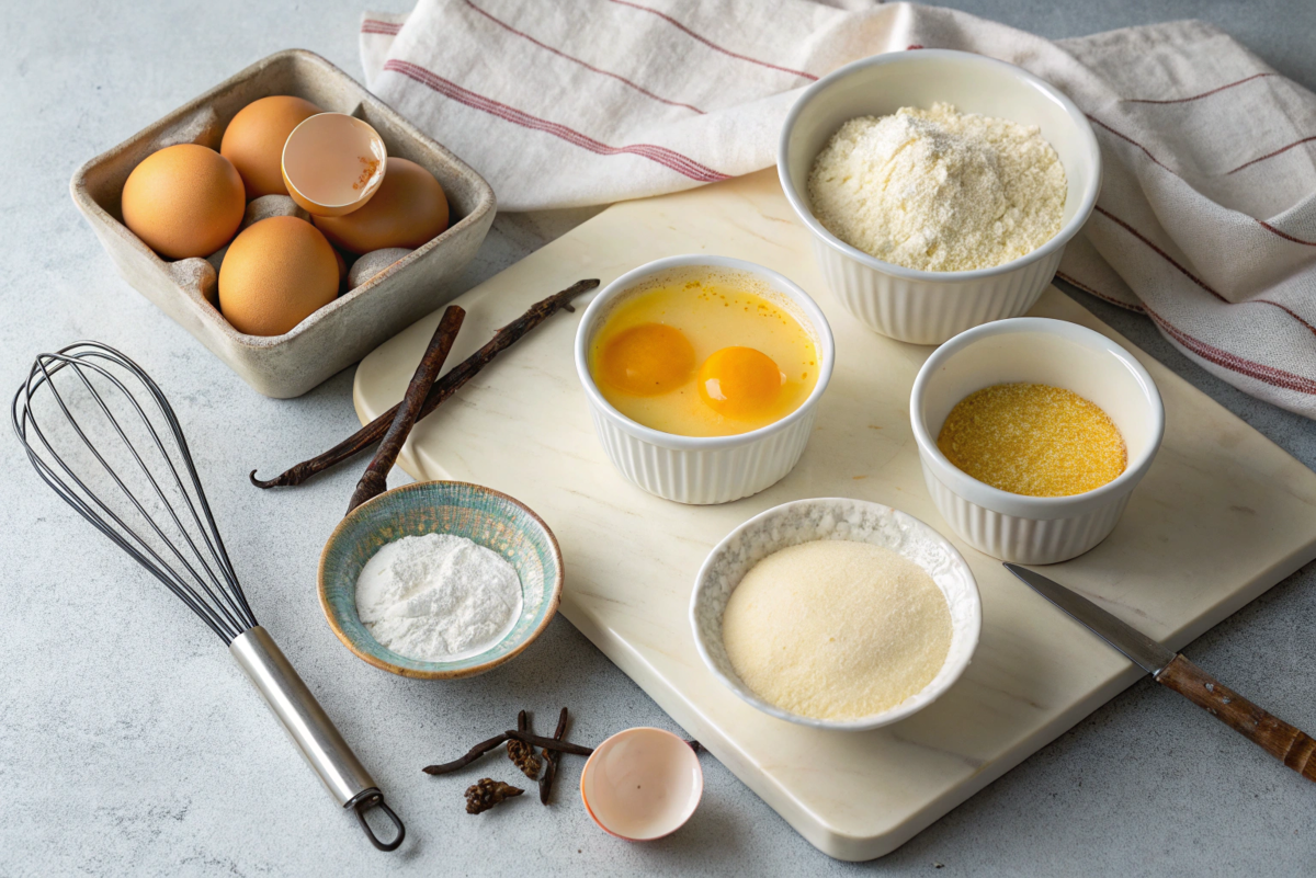 A step-by-step preparation scene for crème brûlée showing ingredients like heavy cream