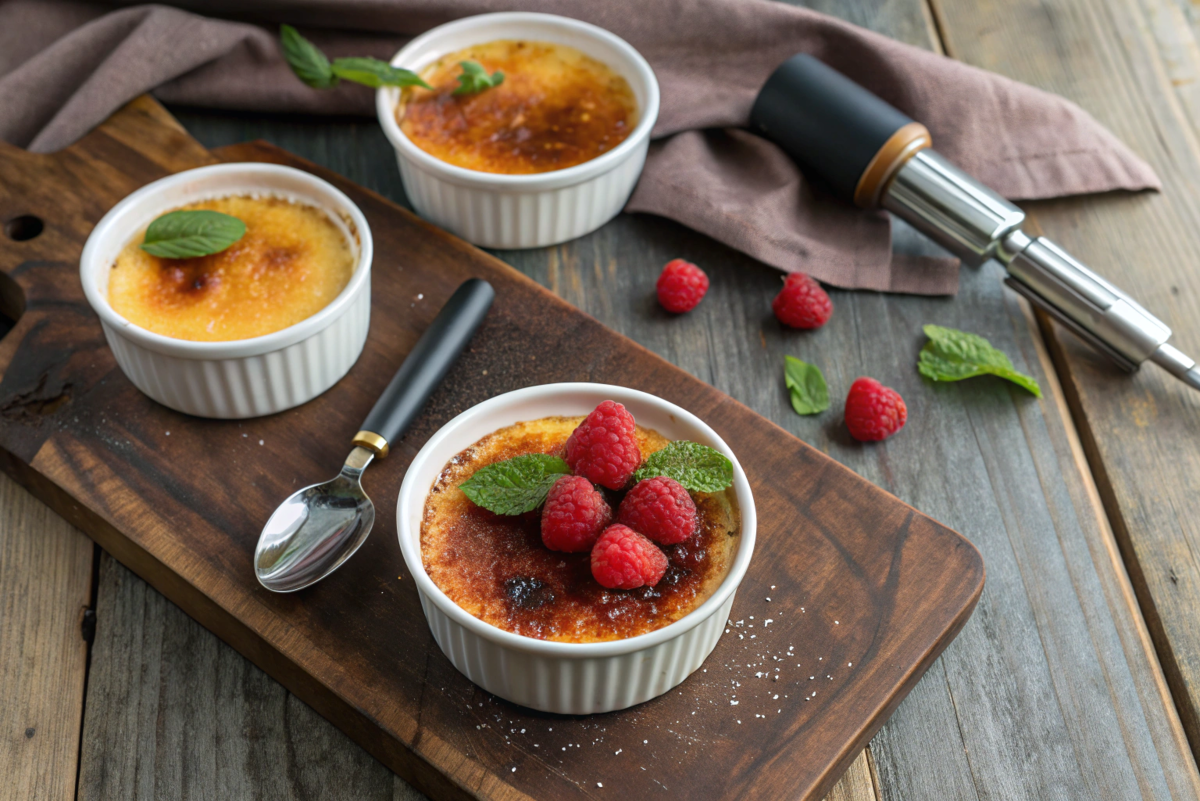 An overhead view of three ramekins filled with crème brûlée arranged on a rustic wooden surface