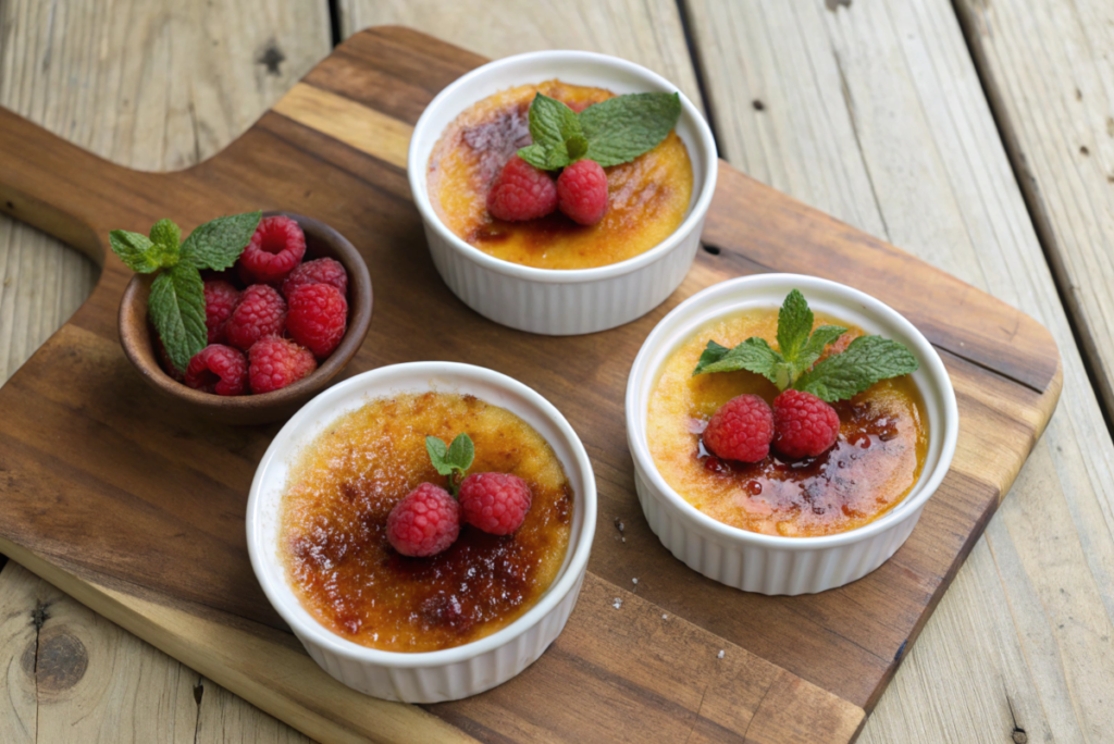 An overhead view of three ramekins filled with crème brûlée arranged on a rustic wooden surface. Each ramekin has a caramelized sugar topping, with one topped with fresh berries like raspberries and mint leaves for garnish