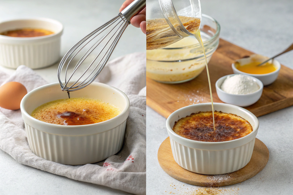 step depiction of making caramel brulee