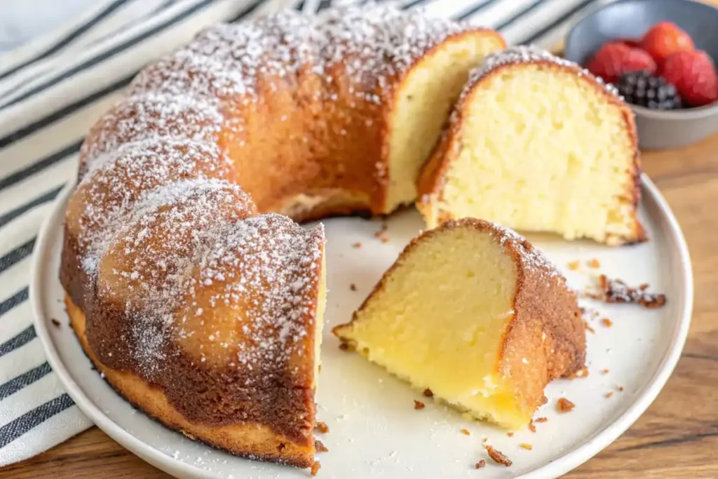 Italian Hangover Cake garnished with powdered sugar and citrus slices on a rustic table with an espresso cup