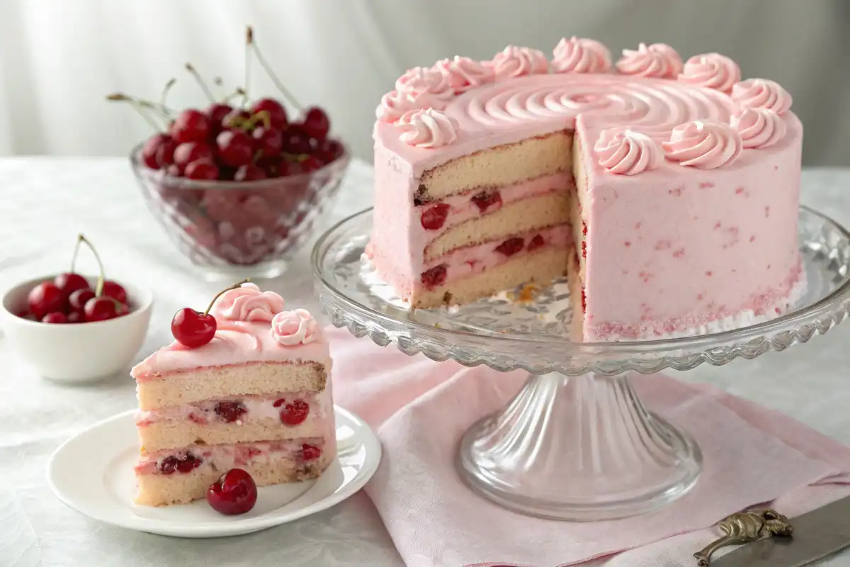 Cherry chip cake topped with cherries and pink frosting on a wooden table