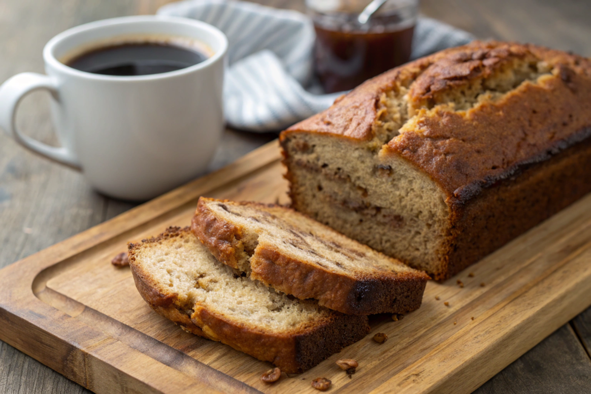 Close-up of sliced cardamom coffee banana bread on a wooden board, paired with coffee and cardamom