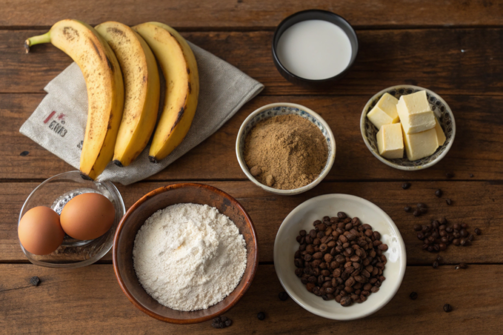 Step-by-step preparation of cardamom coffee banana bread, showing batter mixing and loaf setup for baking