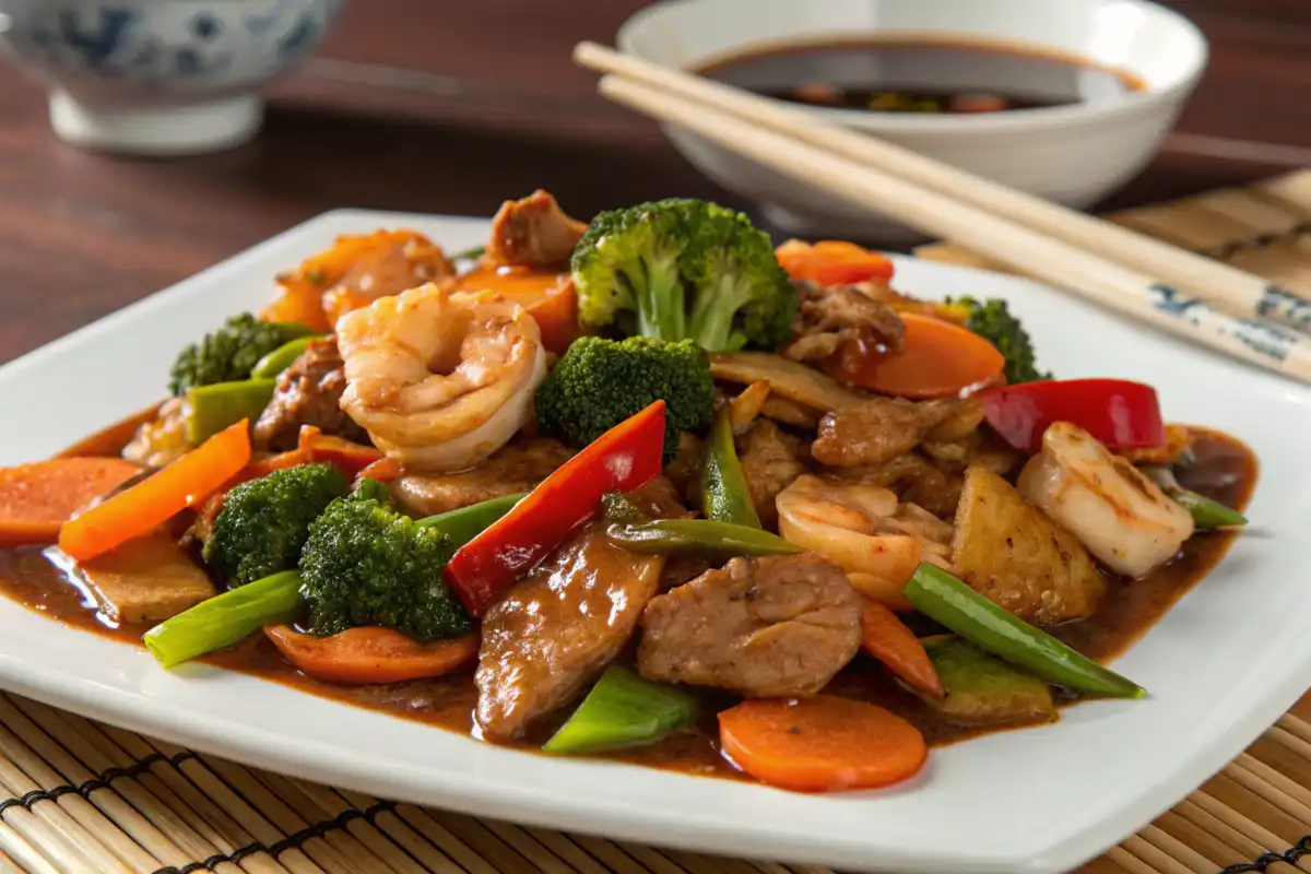 Triple Delight Chinese Food with vegetables and proteins on a white plate.