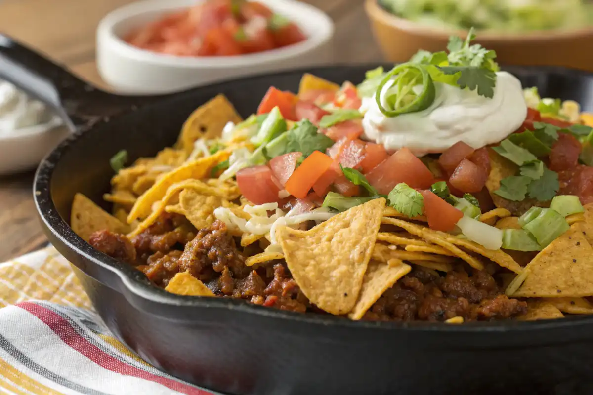 Close-up view of a walking taco casserole topped with lettuce, tomatoes, sour cream, and scallions.