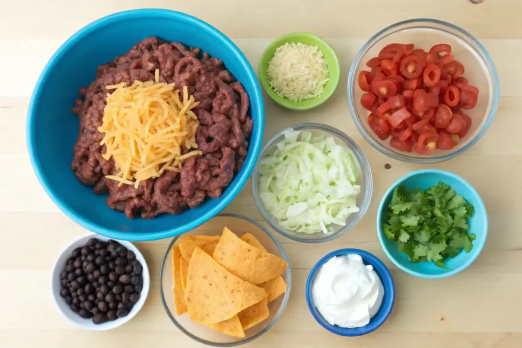 Ingredients for walking taco casserole recipe on a wooden countertop.