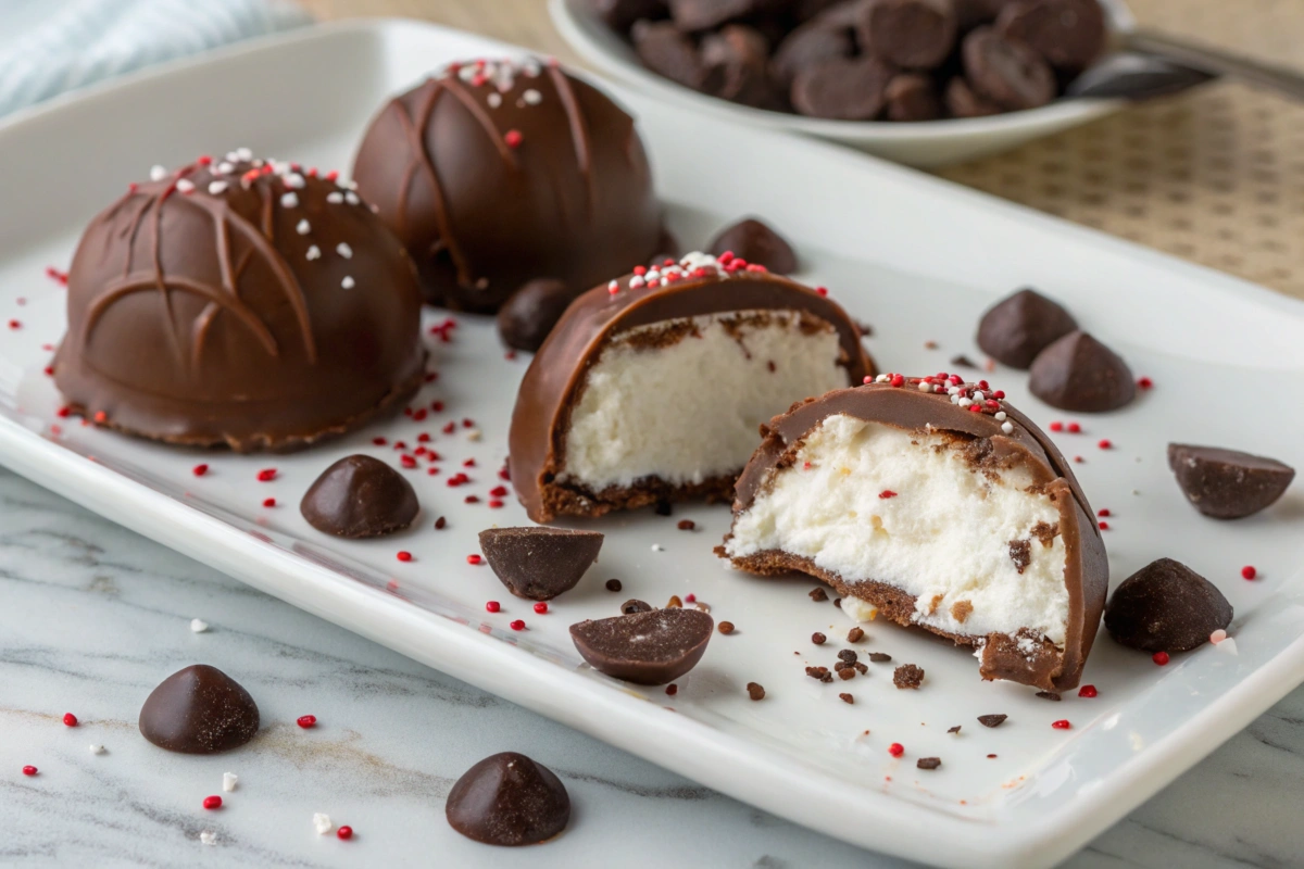 Finished Cool Whip Candy coated in chocolate on a plate.