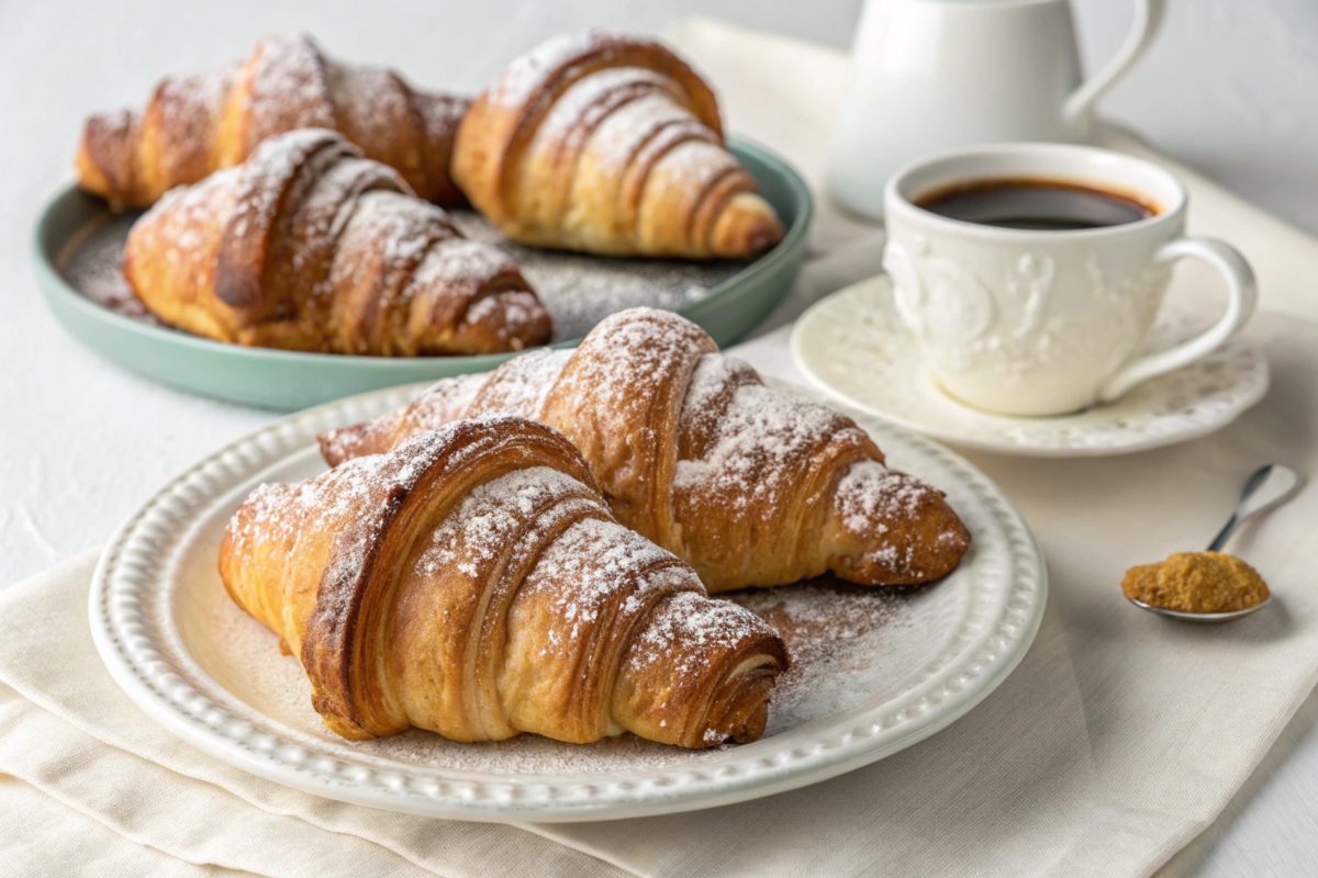 A beautifully arranged plate of golden-brown Gipfeli, flaky and crescent-shaped,