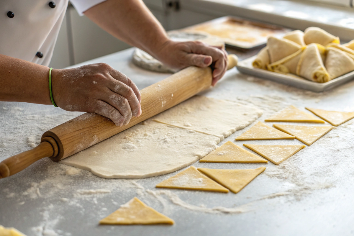 howing hands rolling out laminated dough for Gipfeli on a floured surface, with a rolling pin and dough triangles in view