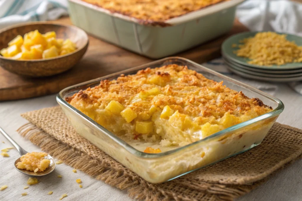 Baked pineapple casserole in a glass dish with a golden cracker topping,