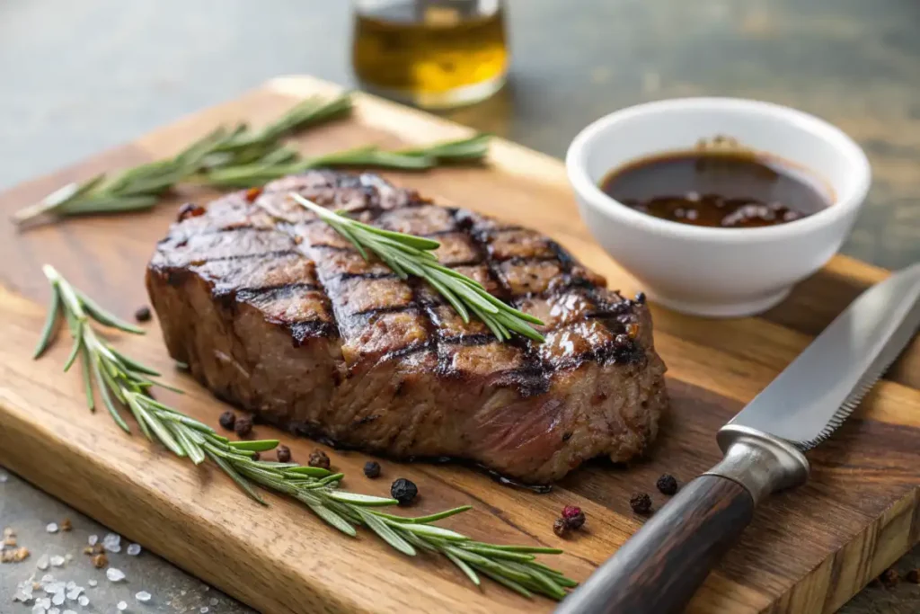 A beautifully grilled steak, juicy and charred to perfection, placed on a wooden board with fresh rosemary, a small bowl of marinade, and a steak knife beside it. The background is softly blurred, emphasizing the steak's rich, caramelized texture