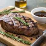 A beautifully grilled steak, juicy and charred to perfection, placed on a wooden board with fresh rosemary, a small bowl of marinade, and a steak knife beside it. The background is softly blurred, emphasizing the steak's rich, caramelized texture