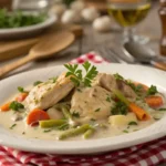 Chicken fricassee served on a plate in a rustic kitchen setting.