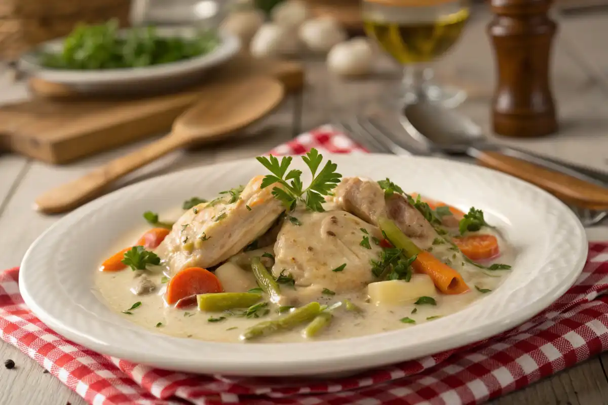 Chicken fricassee served on a plate in a rustic kitchen setting.