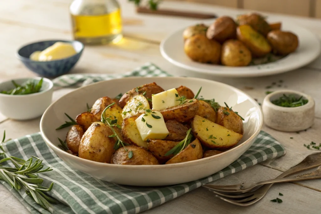 Plated roasted potatoes with herbs and butter on a rustic table.