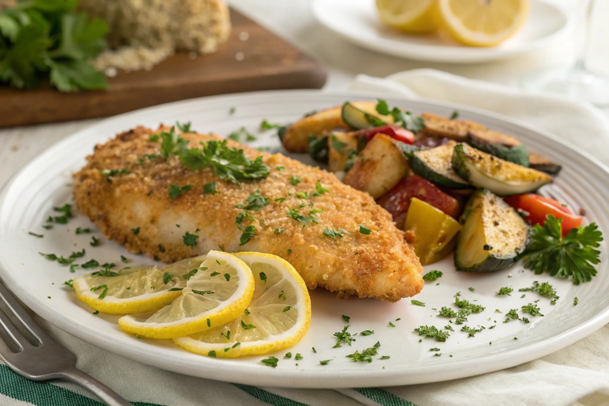 Golden Parmesan-crusted chicken with sides and garnishes