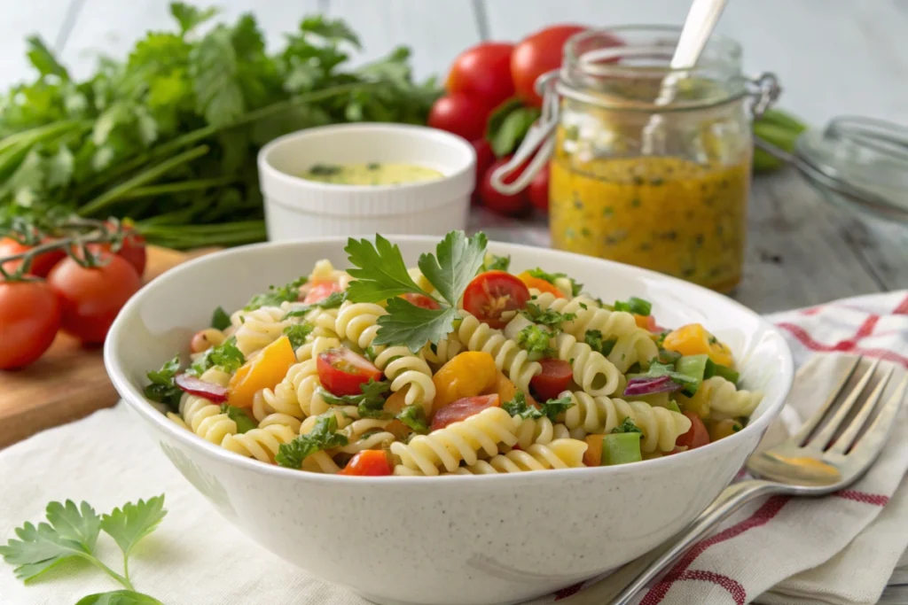 Finished pasta salad with colorful vegetables and dressing