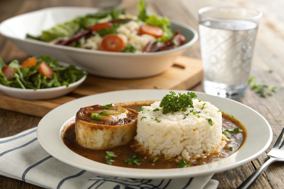 Savory rice dish with French onion soup served hot