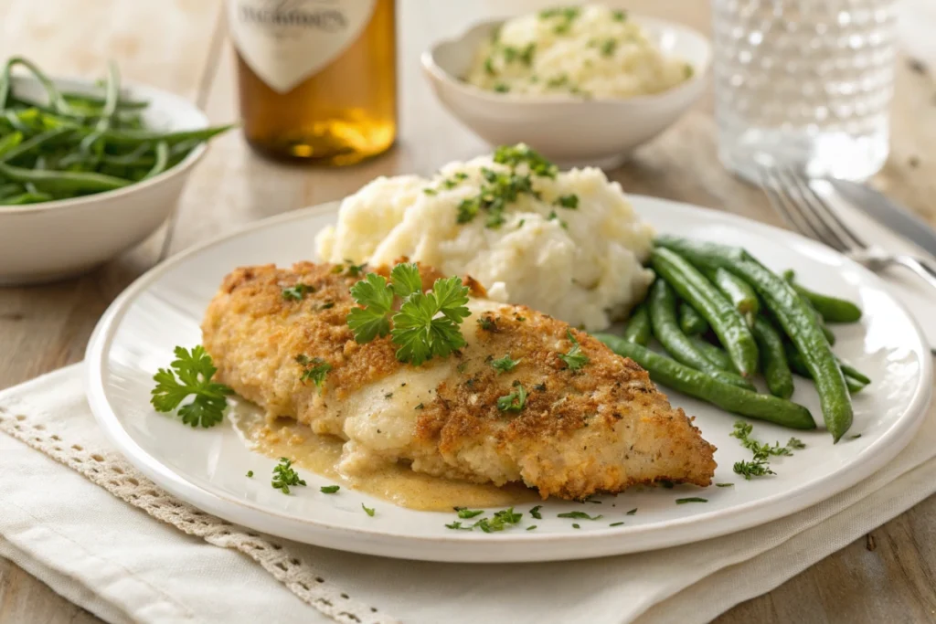 Plated Longhorn Parmesan Crusted Chicken with sides.