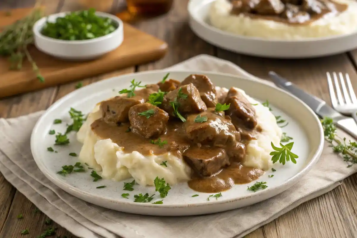 No Peek Beef Tips Served with Mashed Potatoes