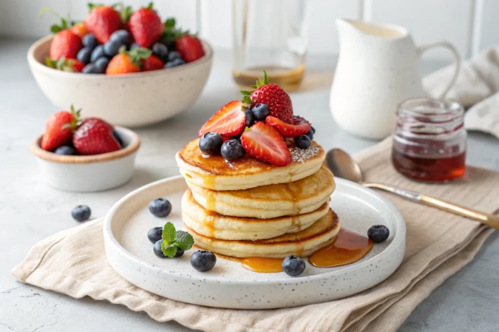 fluffy pancakes without milk on a white ceramic plate