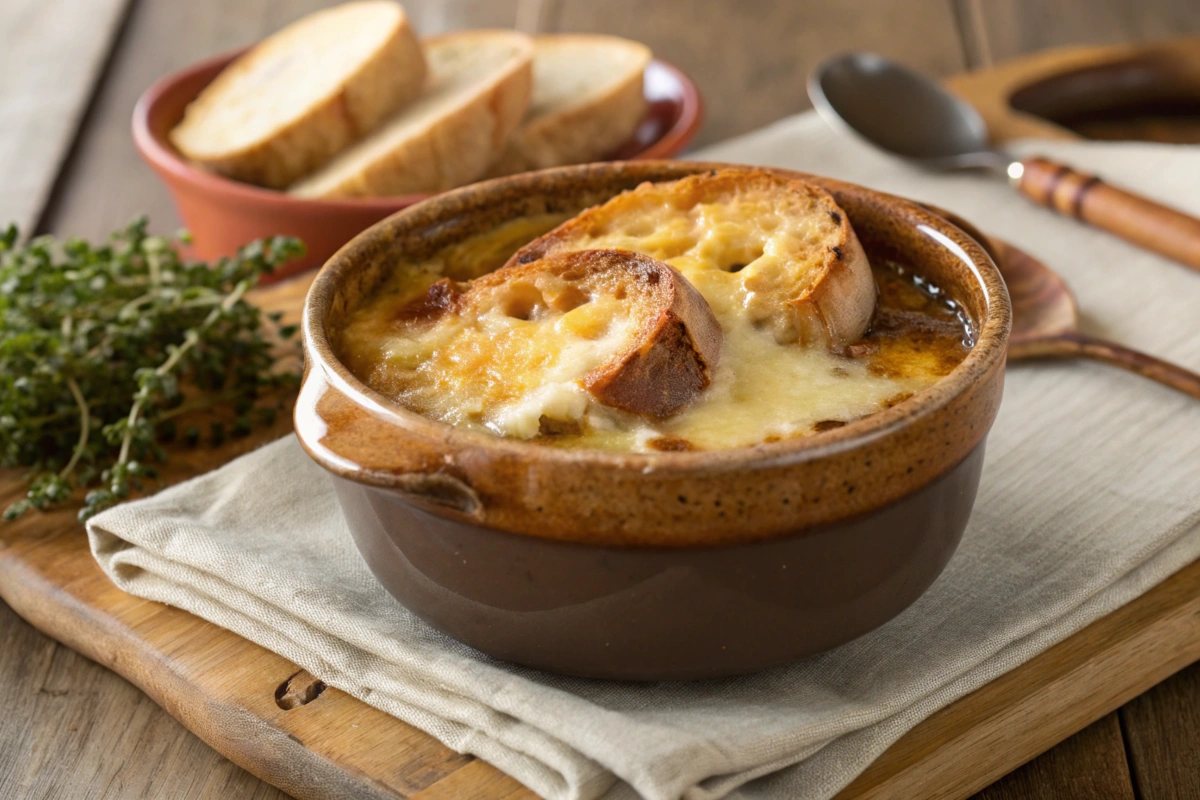 Golden French Onion Soup served with melted cheese 