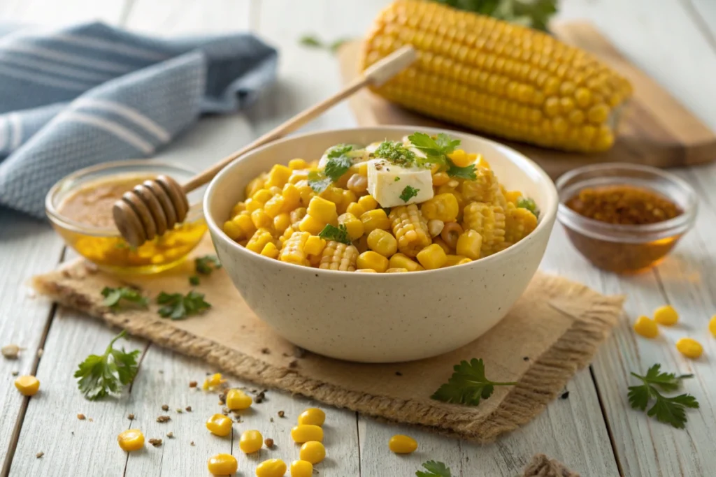 Bowl of honey butter skillet corn with parsley garnish on a rustic table.