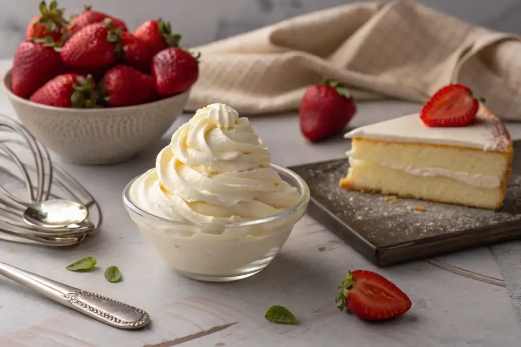 A bowl of Crema Chantilly with strawberries and a slice of cake, showcasing its use as a dessert topping.