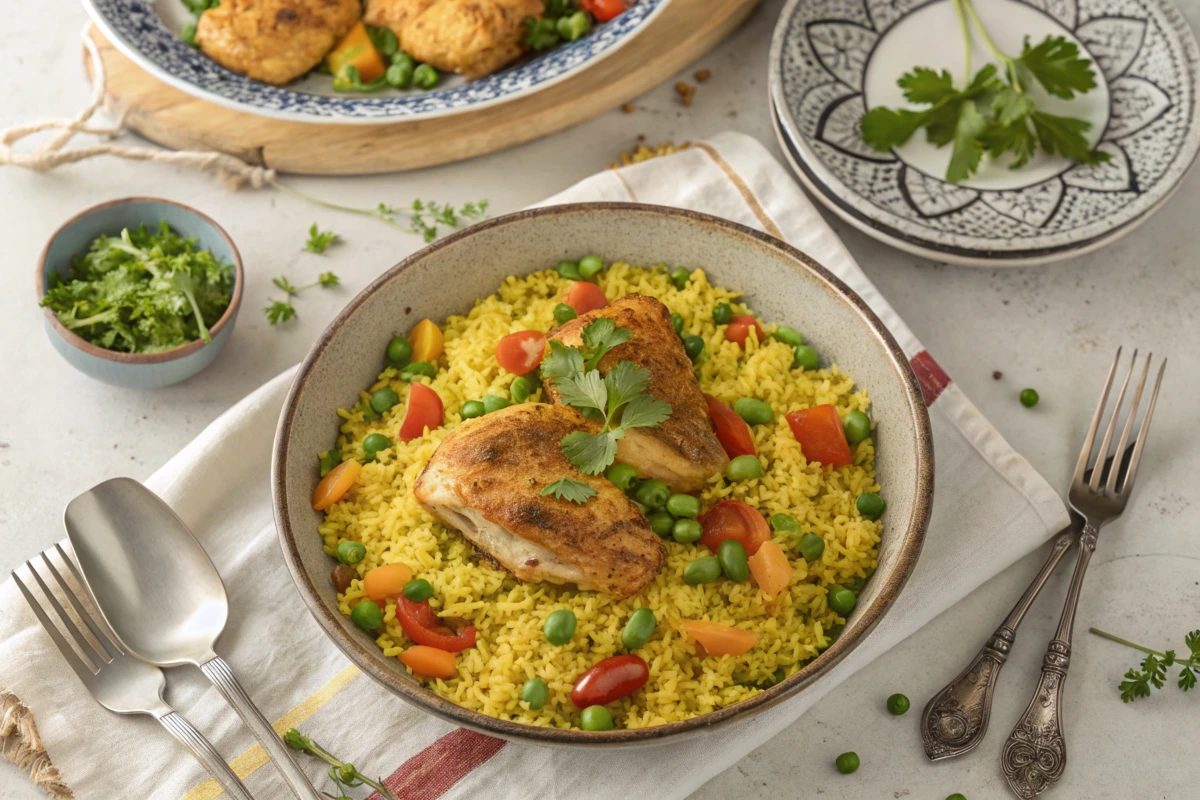 golden chicken and yellow rice