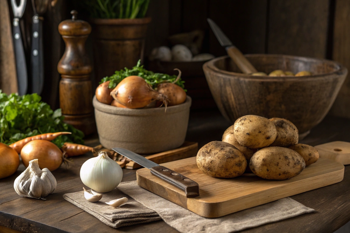 Muddy potatoes with fresh vegetables and kitchen tools on a rustic surface.
