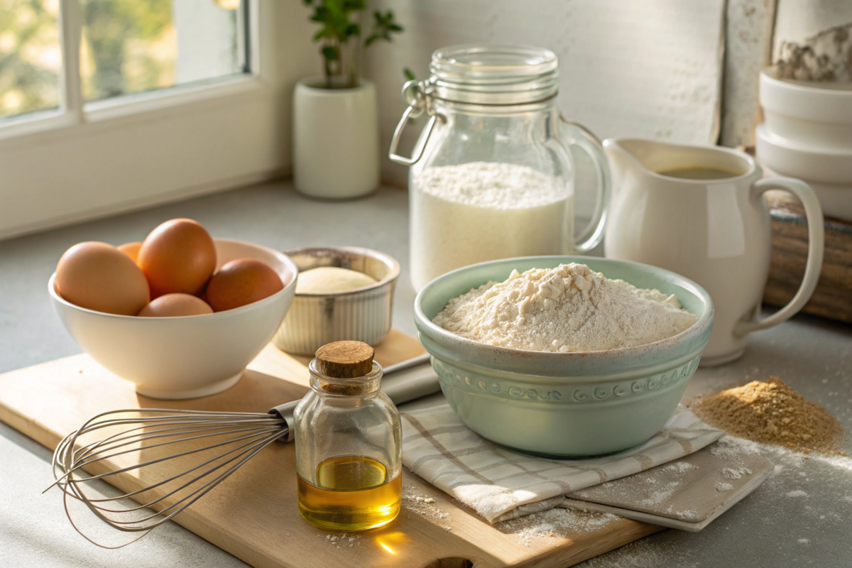 baking powder tin, a measuring cup filled with water, eggs, a small bottle of vanilla extract, and a whisk. Arrange them neatly with a soft morning light streaming through a nearby window