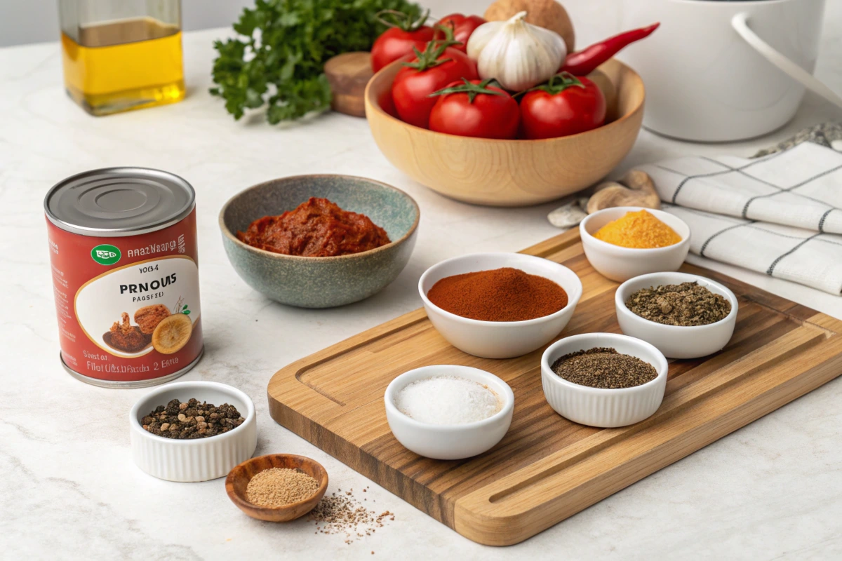 modern kitchen counter with neatly arranged ingredients for taco sauce