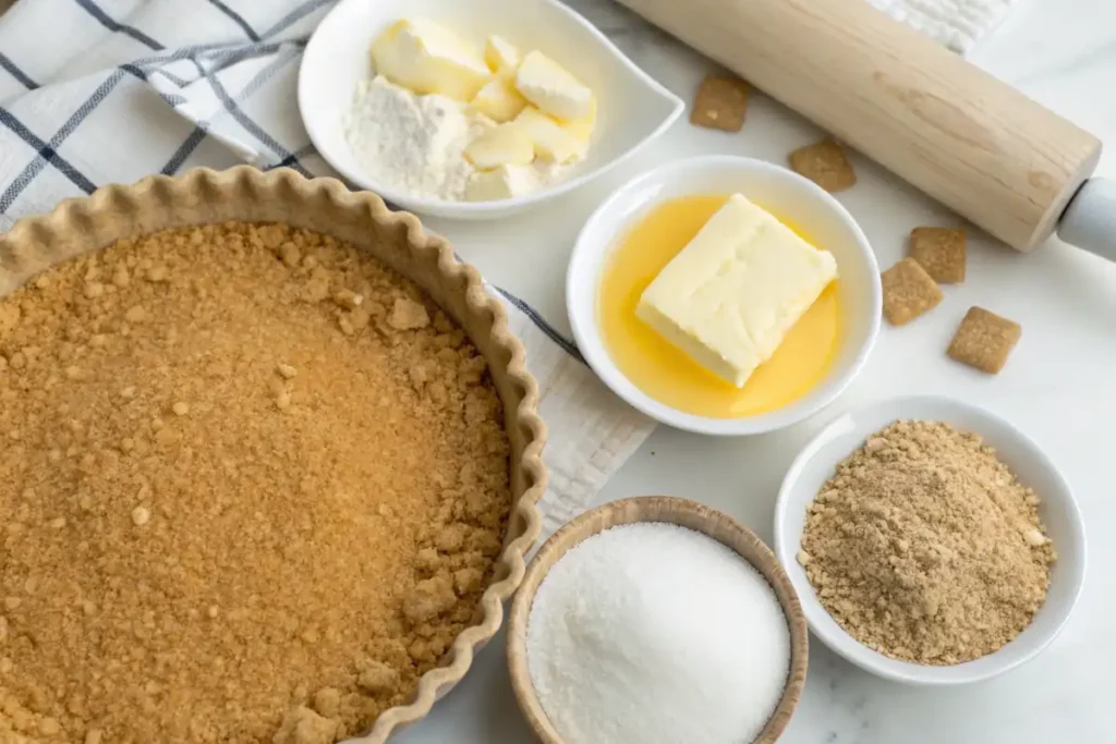 "Cheesecake crust ingredients next to pie crust ingredients on a clean kitchen counter