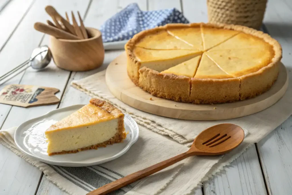 Close-up of a cheesecake with crumbly graham cracker crust and a flaky pie crust slice on a white plate