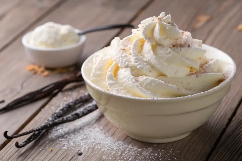 Close-up of Crème Chantilly with sugar