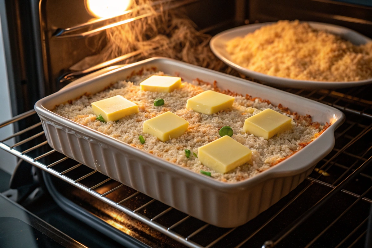 Casserole dish with rice and French onion soup