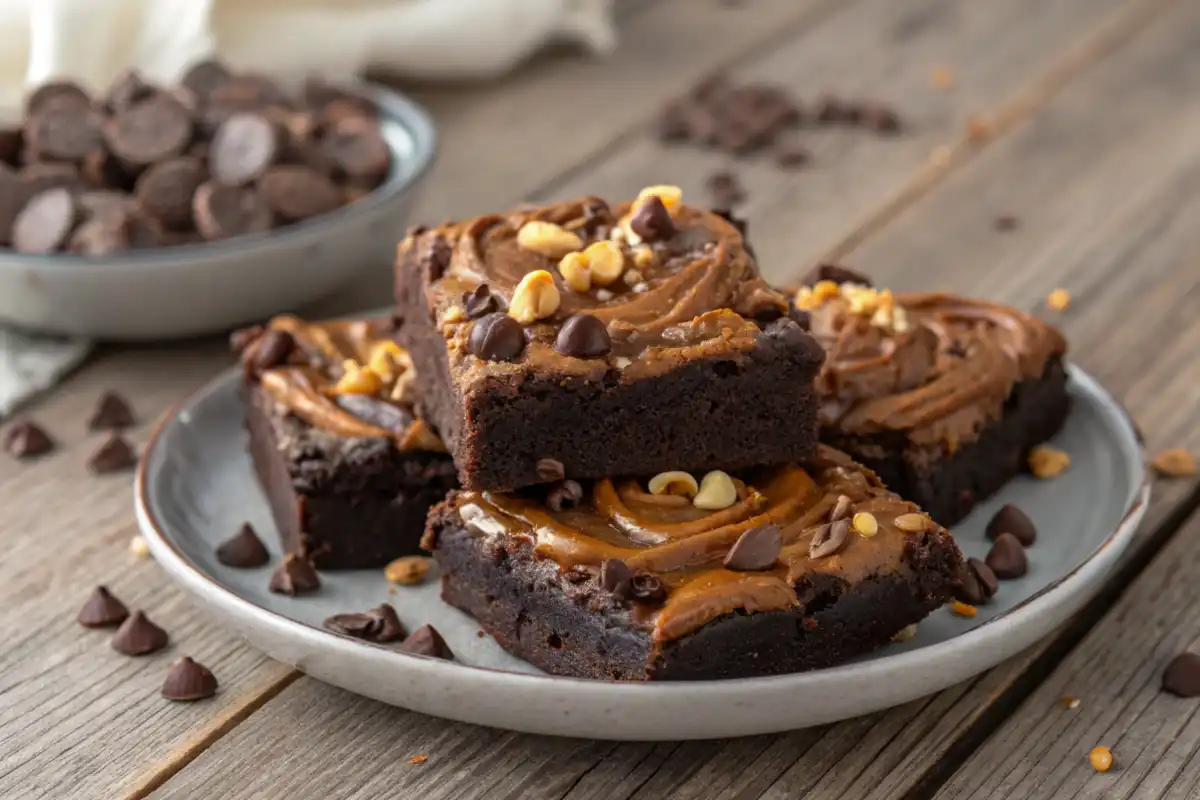 Brownies topped with caramel, chocolate chips, and nuts.