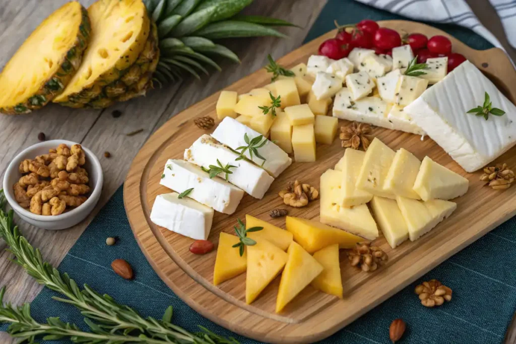 Cheese platter with mozzarella, cheddar, and pineapple slices on a wooden board