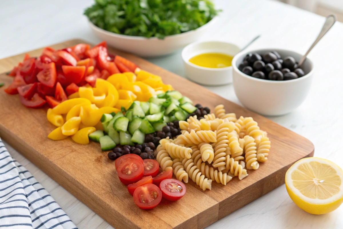 Close-up of fresh pasta salad ingredients on a wooden board.