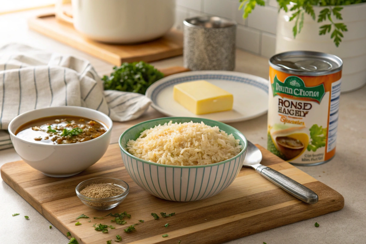 Ingredients for rice dish with French onion soup