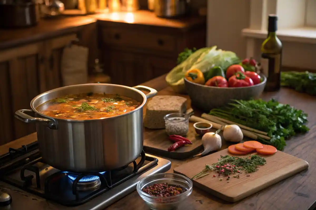 Homemade Soup Cooking in a Cozy Kitchen